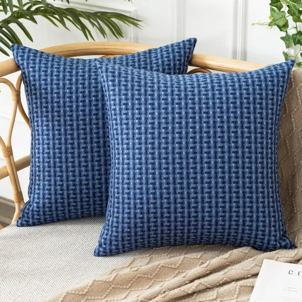 Set of 2, Outdoor Waterproof Throw Pillow Covers Weaving Texture (Navy Blue)